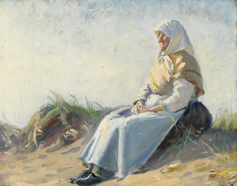Ankerin vaimo Nelle istuu Skagenin dyynillä. -Michael Peter Ancher