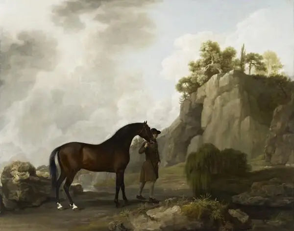 Marokko-arabialainen ori marquis de Rockinghamin johtamana, ratsastajan ohjastamana Creswell Cragsissa - George Stubbs