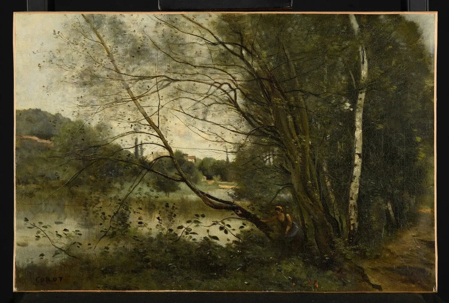 Leiriallas puoleksi kumartuneen puun kanssa - Jean-Baptiste Camille Corot