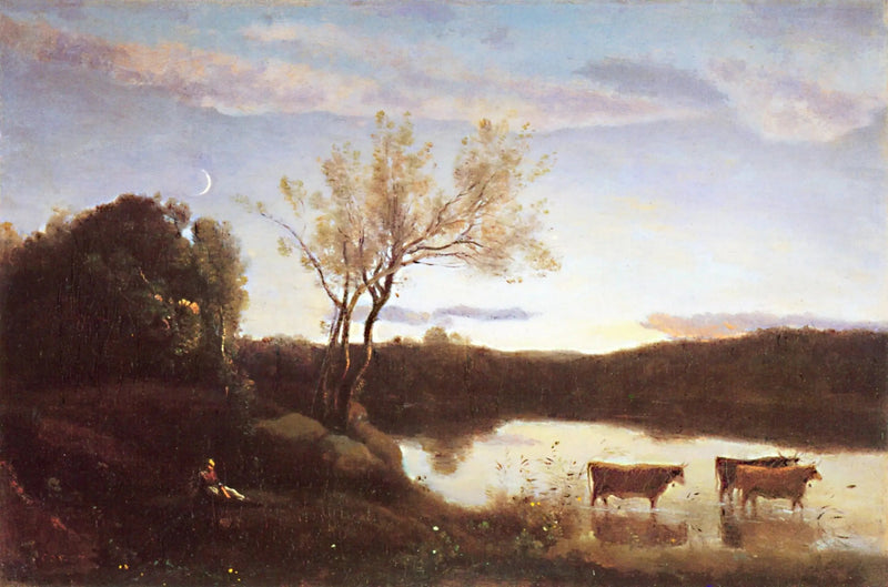 Kolmen lehmän ja Kuun puolikuun lampi - Jean-Baptiste Camille Corot