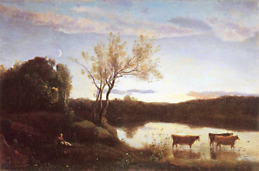 Kolmen lehmän ja Kuun puolikuun lampi - Jean-Baptiste Camille Corot