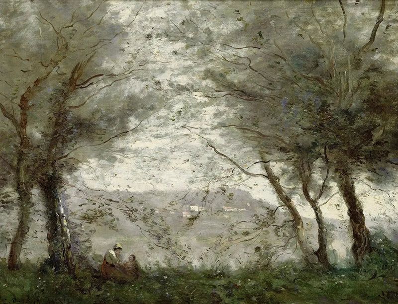 Ville-d'Avrayn lammen näkymä lehtien läpi - Jean-Baptiste Camille Corot