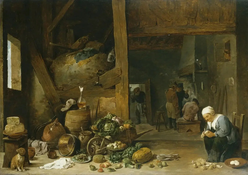 Keittiön sisustus vanhan naisen kuorimassa naatteja - David Teniers nuorempi