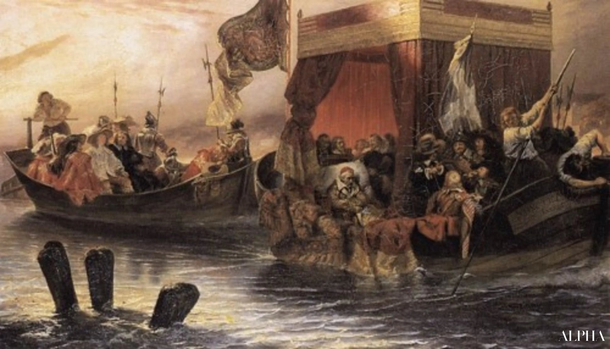 Kardinaali Richelieun lautta Rhône-joella - Paul Delaroche - Korkealaatuiset taulujen ja maalauksien reproduktiot