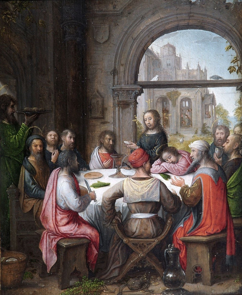 Viimeinen ehtoollinen, jossa Kristus asettaa eucharistian ja pesee opetuslastensa jalkoja - Juan de Flandes