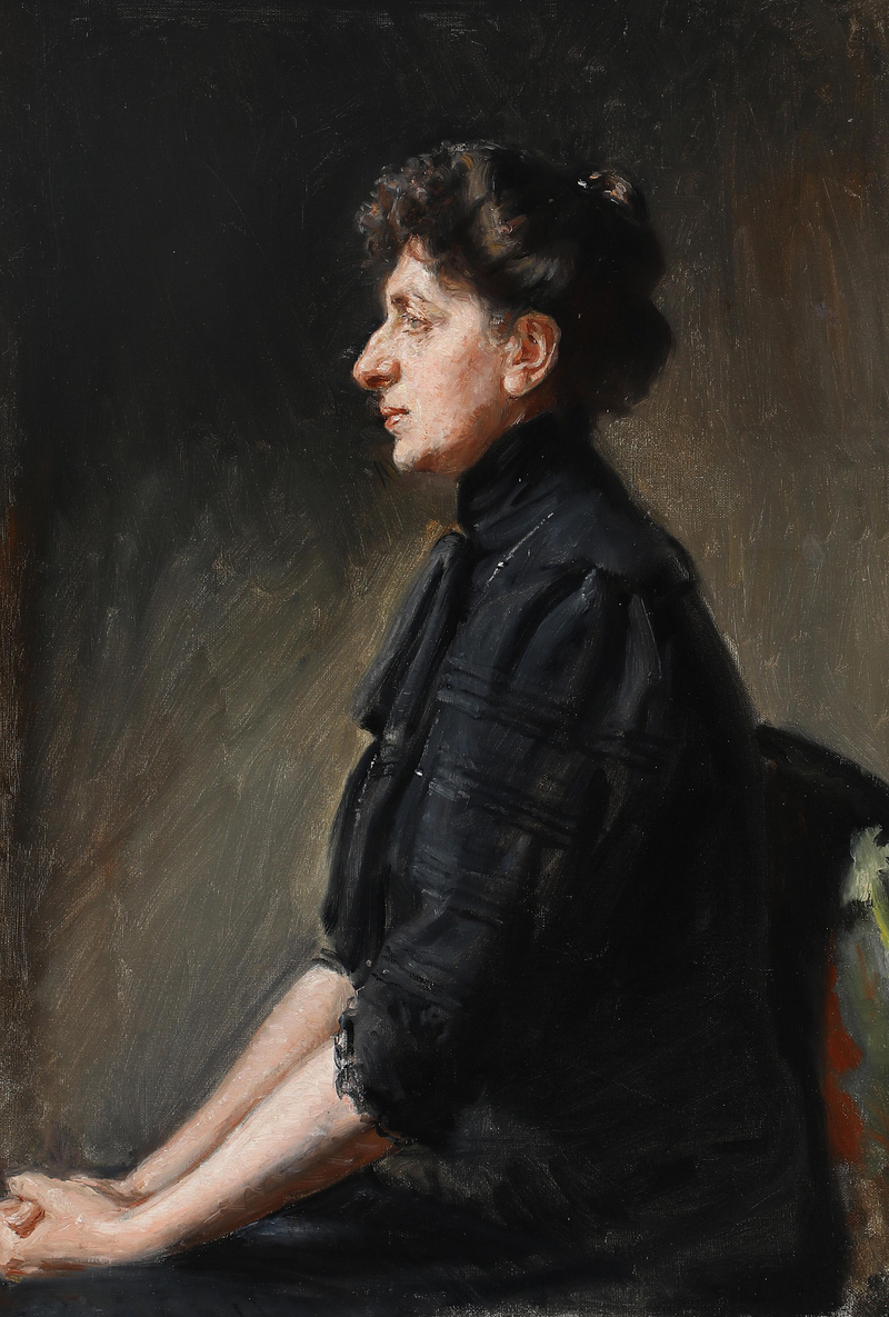 Laulaja Elisabeth Dons istuu, pukeutuneena mustaan. - Michael Peter Ancher