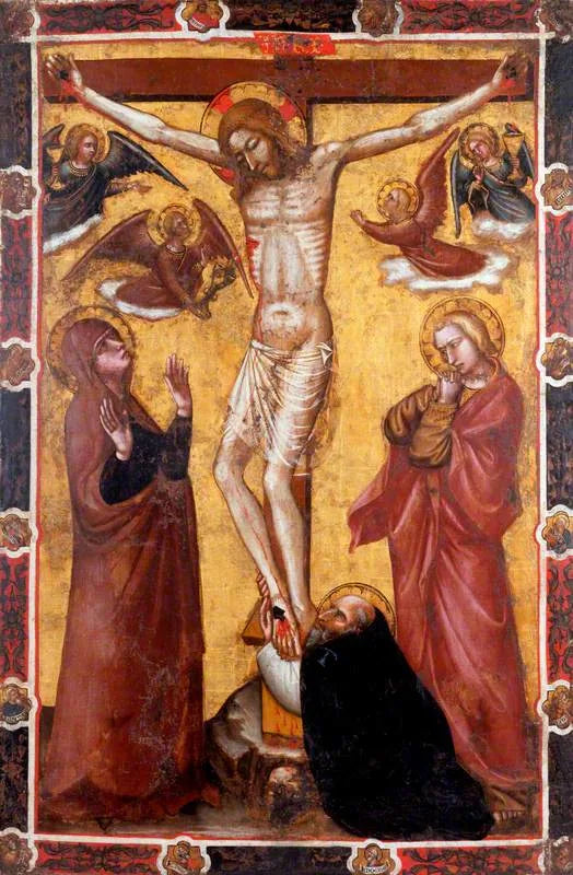 Ristiinnaulitseminen Marian ja pyhän Johanneksen kanssa; pyhä Antoine munkki ristin juurella (seremonialipun toisella puolella) (aikoinaan attribuoitu Barnaba da Modenalle) - Spinello Aretino