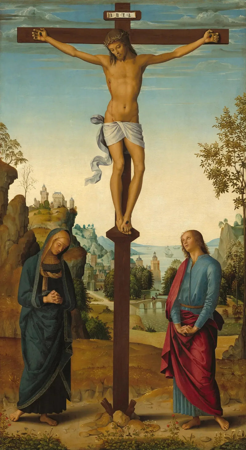 Ristiinnaulitseminen Marian, pyhän Johanneksen, pyhän Hieronymuksen ja pyhän Marian Madgalenan kanssa [keskipaneeli] - Pietro Perugino