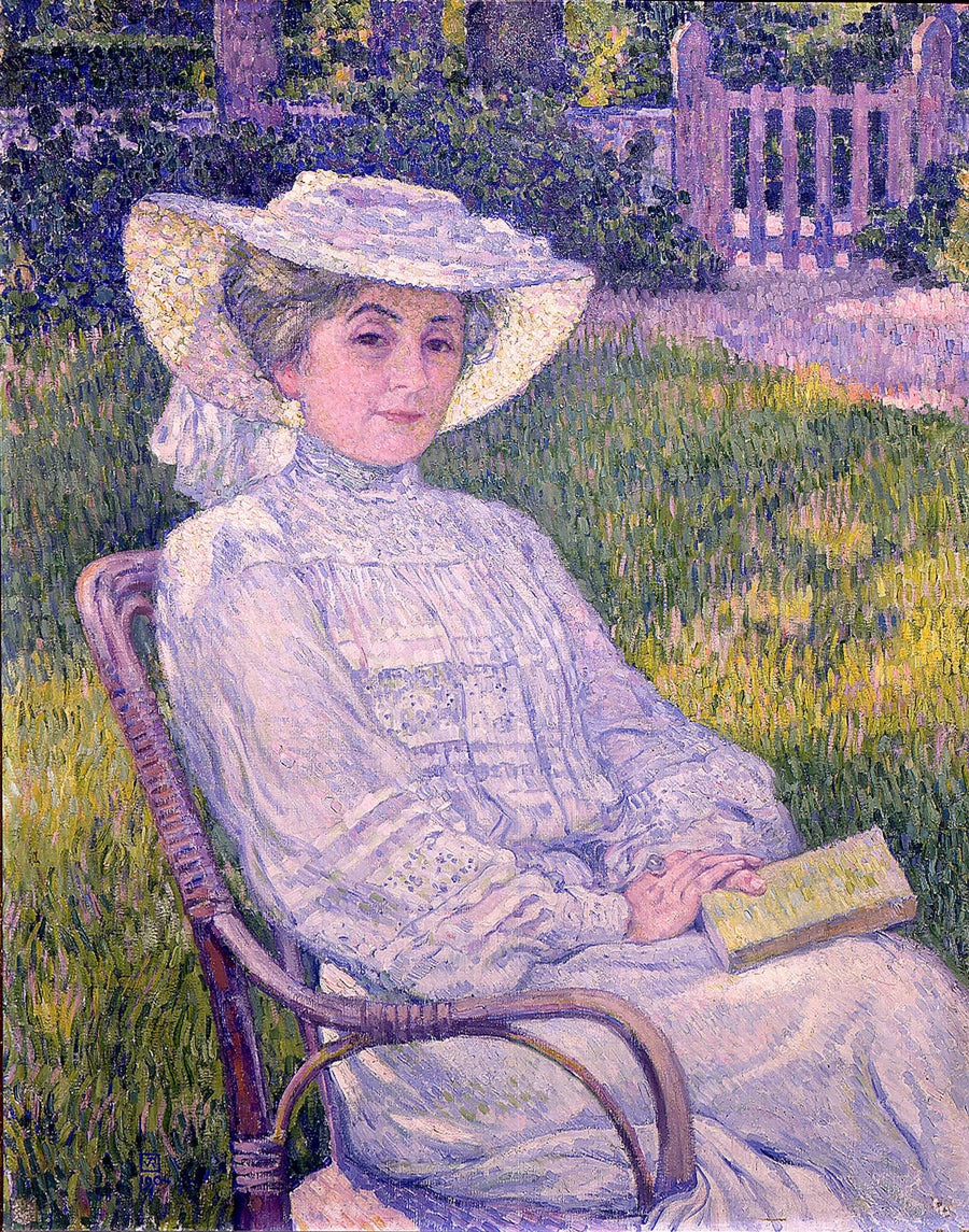 Nainen valkoisessa lukemassa puutarhassa, Mortgat - Théodore van Rysselberghe