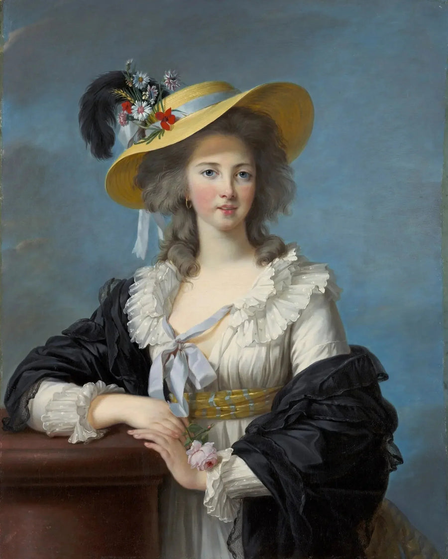 Polignacin herttuatar naamiolakin olkihatussa - Élisabeth Vigée Le Brun