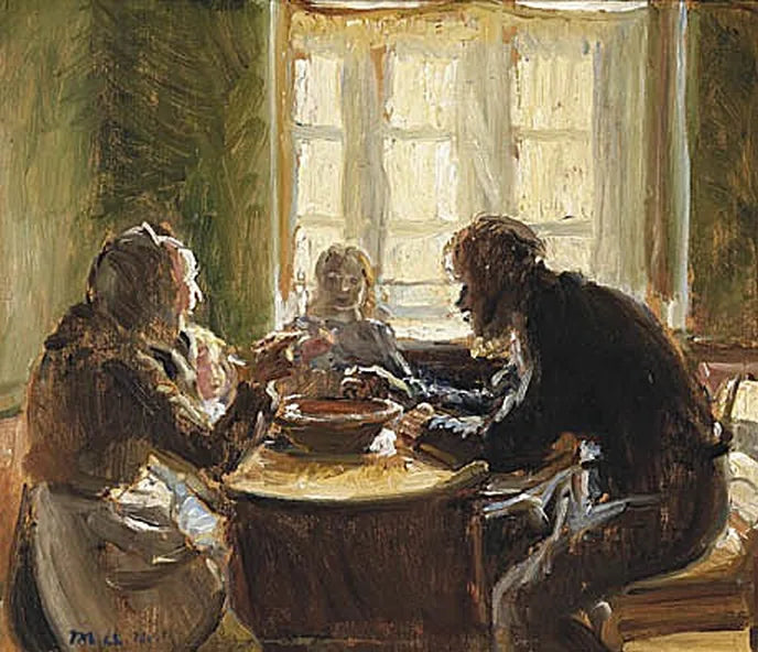 Wollesenin perhe istuu pöydässä. -Michael Peter Ancher