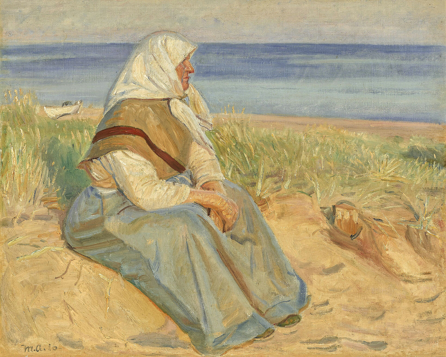 Kalastajan vaimo istuu Skagenin dyyneillä. - Michael Peter Ancher