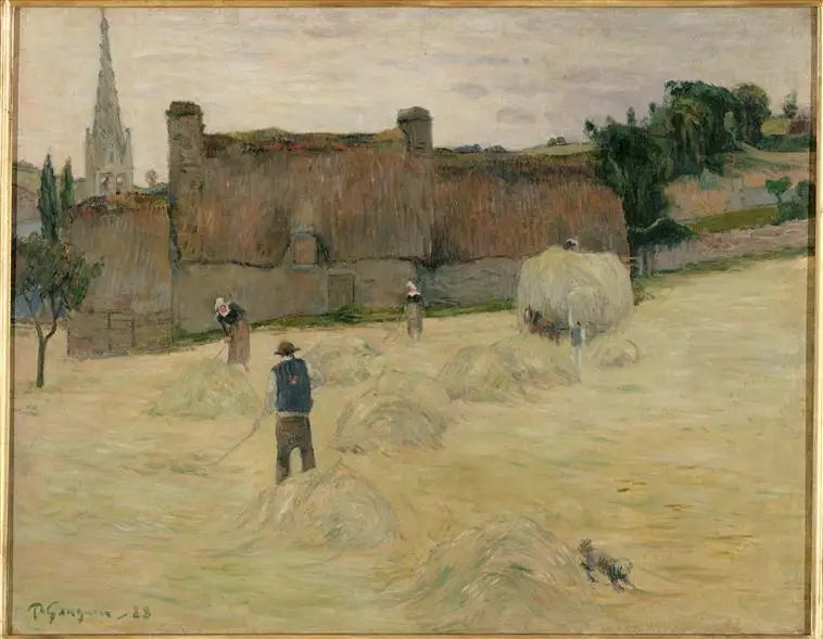 Heinänteko Bretagnessa (etupuoli) ; Kukka-asetelma avoimen meren ikkunan edessä (takapuoli) - Paul Gauguin