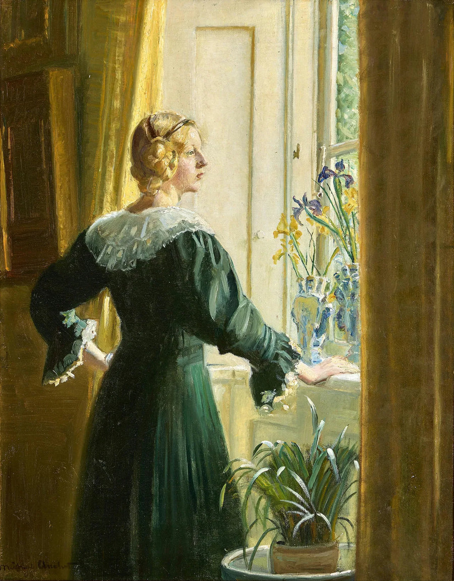 Taiteilijan tytär Helga Ancher seisoo aurinkoisen ikkunan ääressä. - Michael Peter Ancher