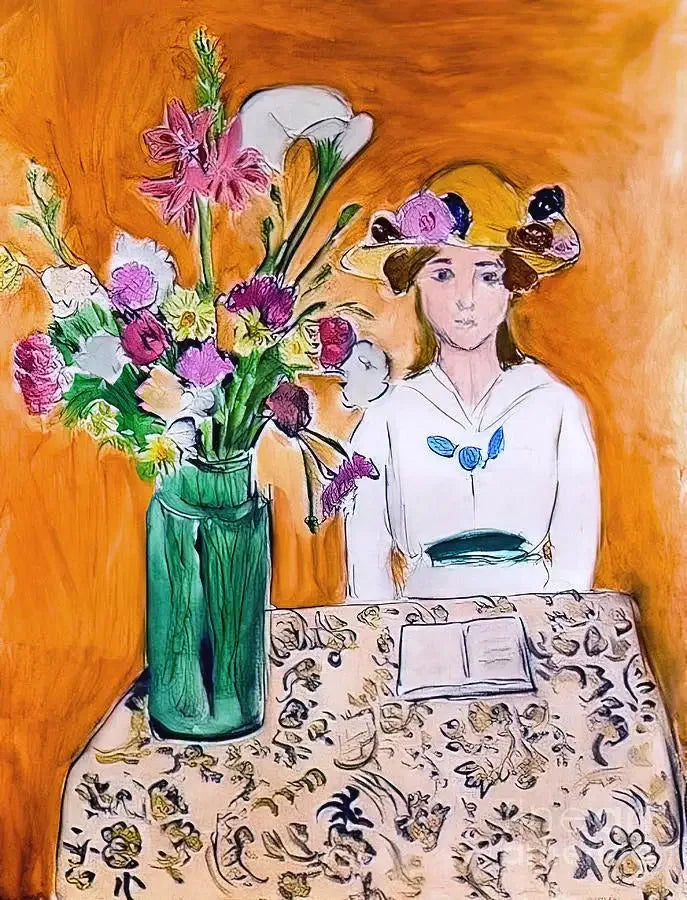 Valkoisessa mekossa oleva tyttö ja kukkakimppu - Henri Matisse
