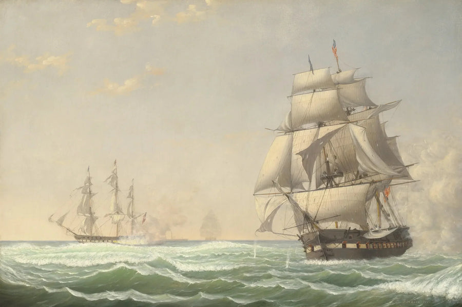 Amerikan laiva « President » osallistuu brittiläisen laivaston taisteluun, 1815 - Fitz Henry Lane