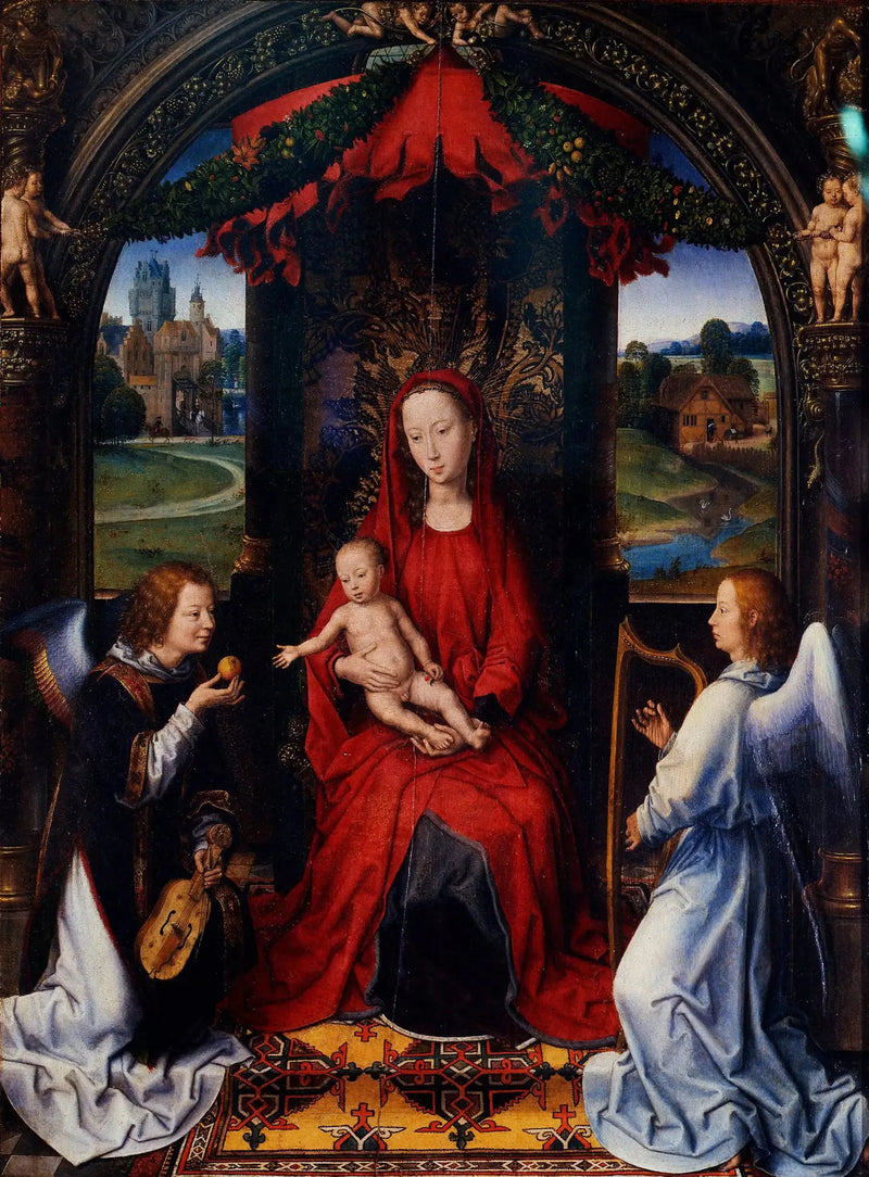 La Madone qui trône avec l'enfant et deux anges musiciens - Hans Memling