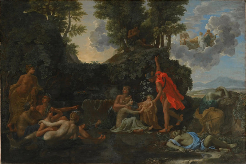 Bacchuksen syntymä ja Narcissuksen kuolema - Nicolas Poussin