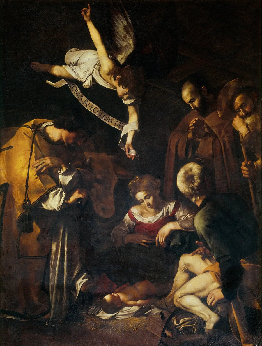 Jumalan syntymä pyhän Franciscuksen ja pyhän Laurentiuksen kanssa - Caravaggio