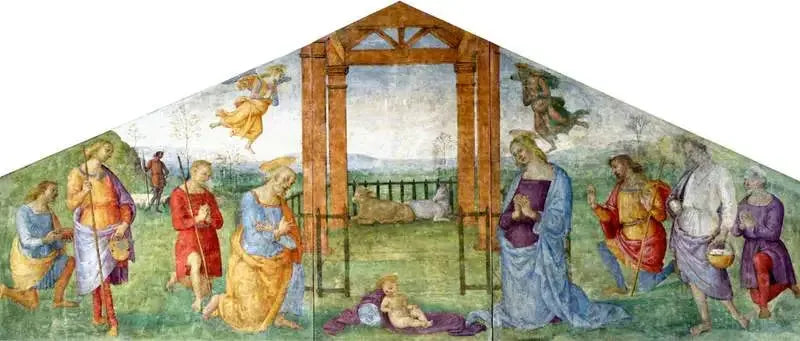 Syntymä: Neitsyt Maria, Pyhä Joosef ja paimenet palvoen Jeesus-lasta - Pietro Perugino