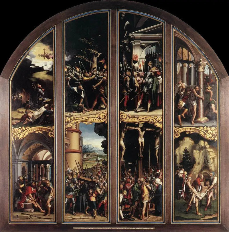 Kristuksen Rakkaus: Oliivitarhassa, Kristuksen pidätys, Kristus Kaifaan edessä, Ruoskiminen, Piikkipäinen kruunu, Ristin kannattaminen, Ristiinnaulitseminen, Hautaan paneminen - Hans Holbein nuorempi