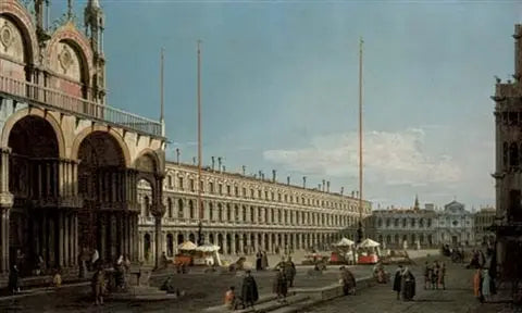 San Marco -aukio, Venetsia, näkymä kohti Procuratie Nuovea ja San Geminianon kirkkoa Campo di San Basso - Canaletto