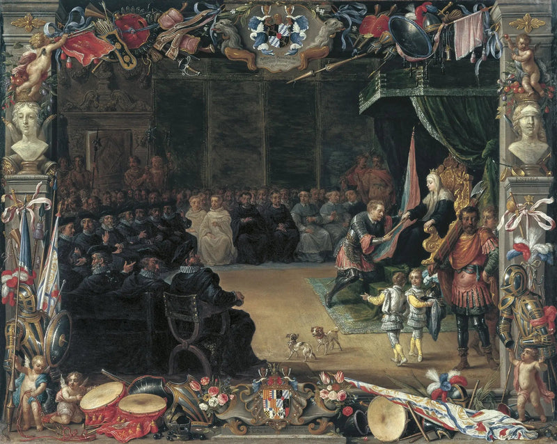 Kapteenin yleisesikunnan sauvansa esittely Antonio de Moncadalle Sisilian kuningatarregentti Blanca de Sicililtä vuonna 1410 - David Teniers nuorempi