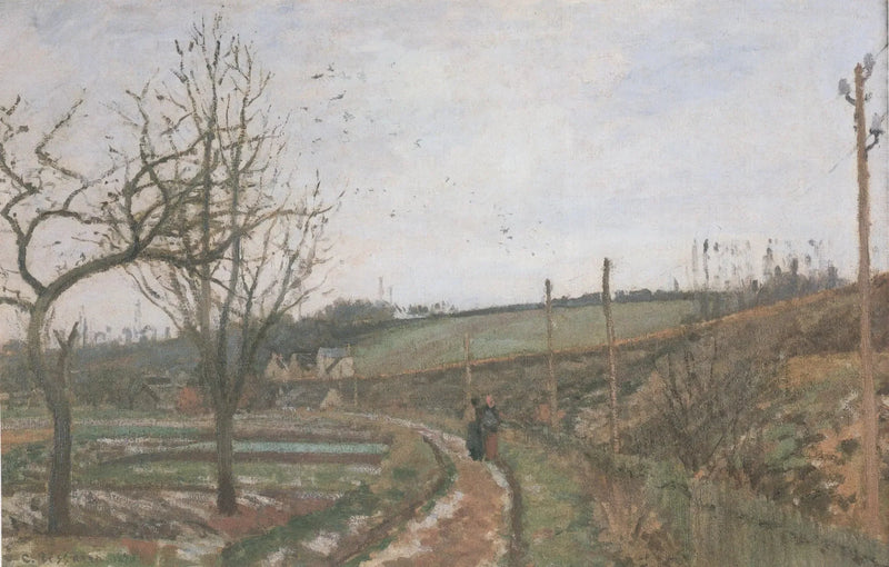 Rautatien varrella oleva tie, lumiefekti - Camille Pissarro