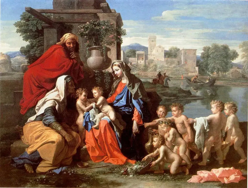 Pyhä perhe, pyhä Elisabeth, pieni pyhä Johannes ja putti - Nicolas Poussin