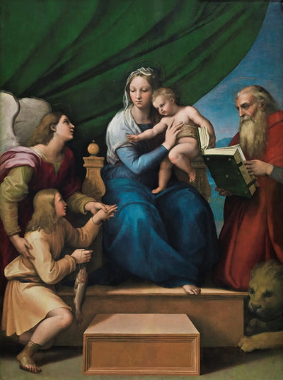 Reproduction du tableau « La Sainte Famille avec Raphaël, Tobias et saint Jérôme - Raphaël Sanzio » par Alpha Reproduction en peinture à l’huile