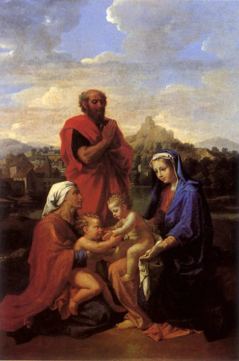 Pyhä perhe, jossa pyhä Johannes, pyhä Elisabeth ja pyhä Joosef rukoilevat - Nicolas Poussin