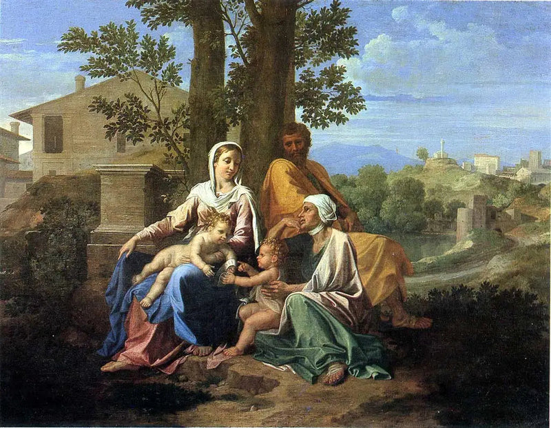 Pyhä perhe ja pyhä Johannes sekä pyhä Elisabeth maisemassa - Nicolas Poussin