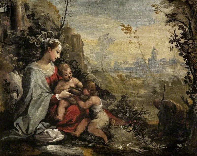 Pyhä perhe pakenee ja kohtaa nuoren pyhän Johanneksen - Guercino
