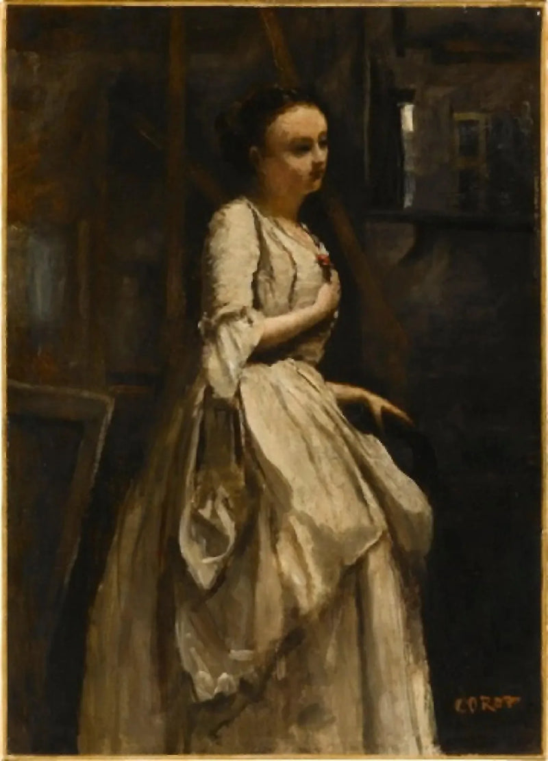Punainen kukkainen hovineito - Jean-Baptiste Camille Corot