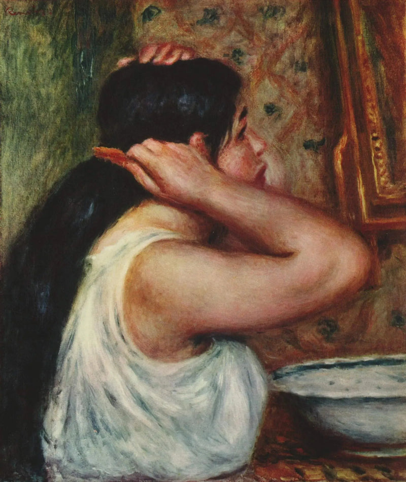 Vesseli: nainen, joka laittaa hiuksiaan - Pierre-Auguste Renoir