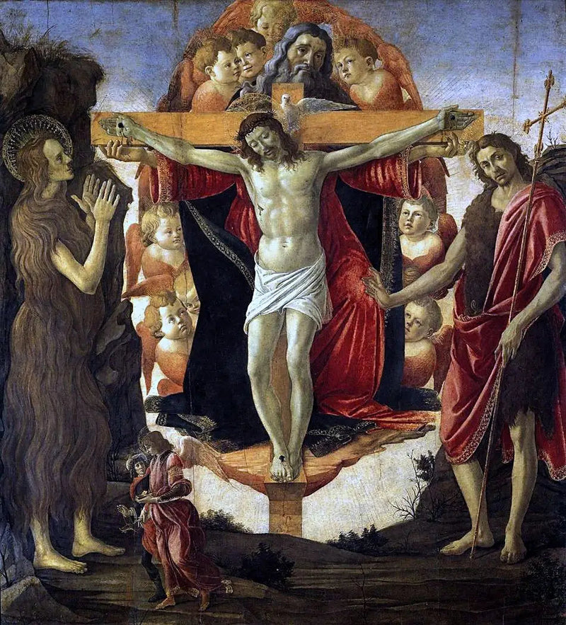 Kolminaisuus pyhän Maria Magdalenan ja pyhän Johannes Kastajan, arkkienkeli Raphaelin ja Tobiaan kanssa - Sandro Botticelli