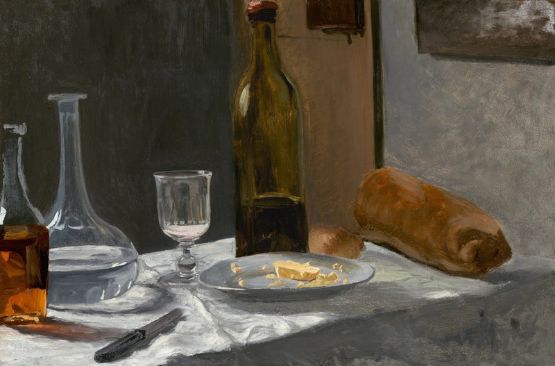Kuollut luonto pullon, karahvin, leivän ja viinin kanssa - Claude Monet