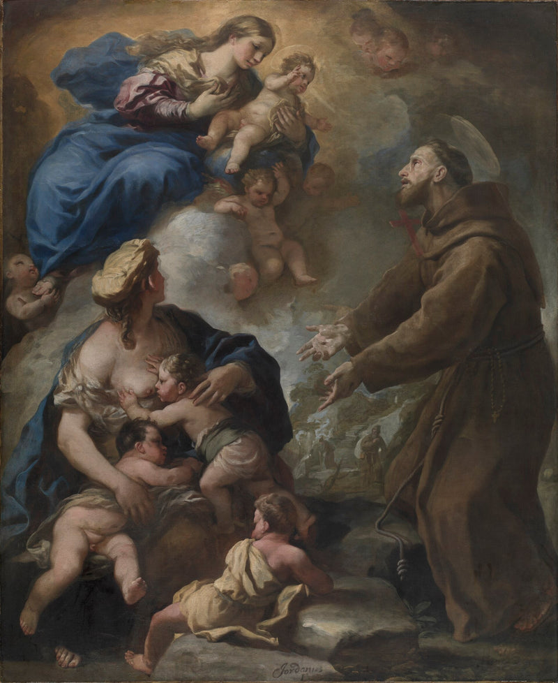 Neitsyt ja lapsi ilmestyvät Pyhälle Fransiskukselle - Luca Giordano