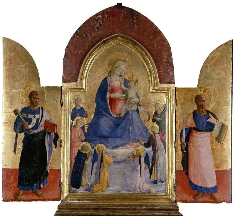 Neitsyt ja lapsi enkeleiden kanssa ja dominikaani pyhimys (keskellä); Pyhä Pietari (vasemmalla); Pyhä Paavali (oikealla) - Fra Angelico