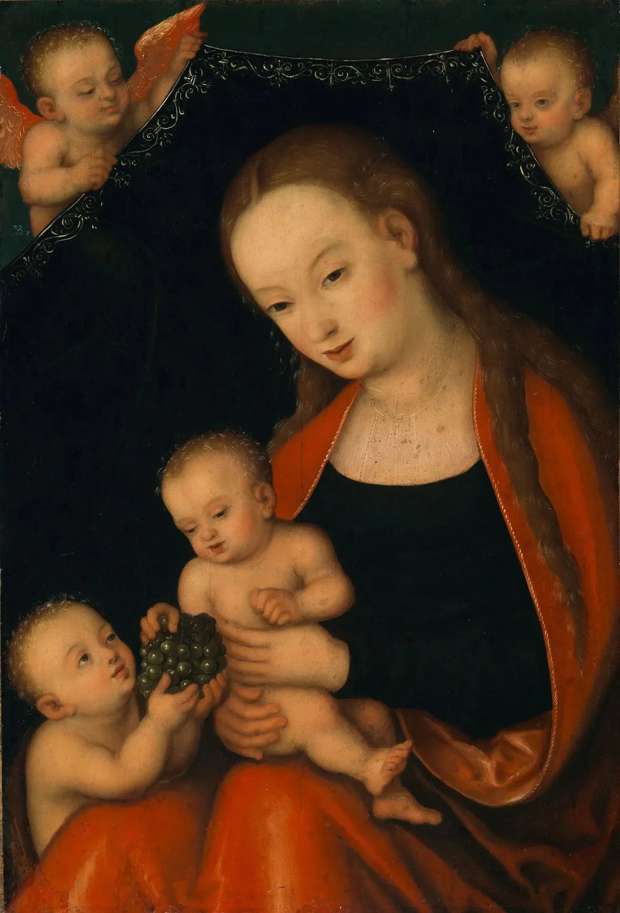 Neitsyt ja lapsi Jeesuksen kanssa, pieni Johannes Kastaja ja enkeleitä - Lucas Cranach vanhempi