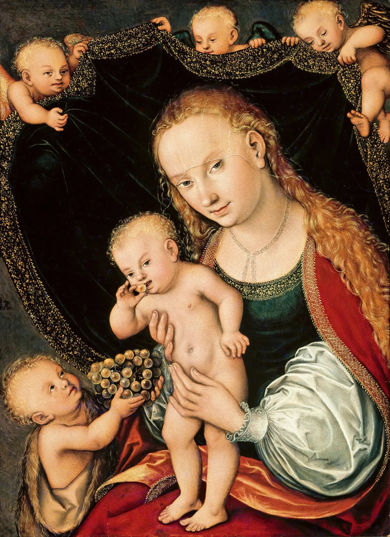 Neitsyt ja lapsi Jeesuksen kanssa, pieni Johannes Kastaja ja enkeleitä - Lucas Cranach vanhempi