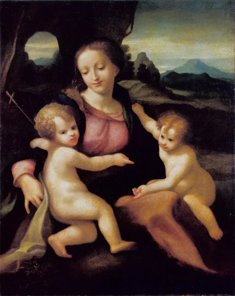 Neitsyt Maria ja lapsi Jeesus pienellä pyhimyksellä - Antonio da Correggio