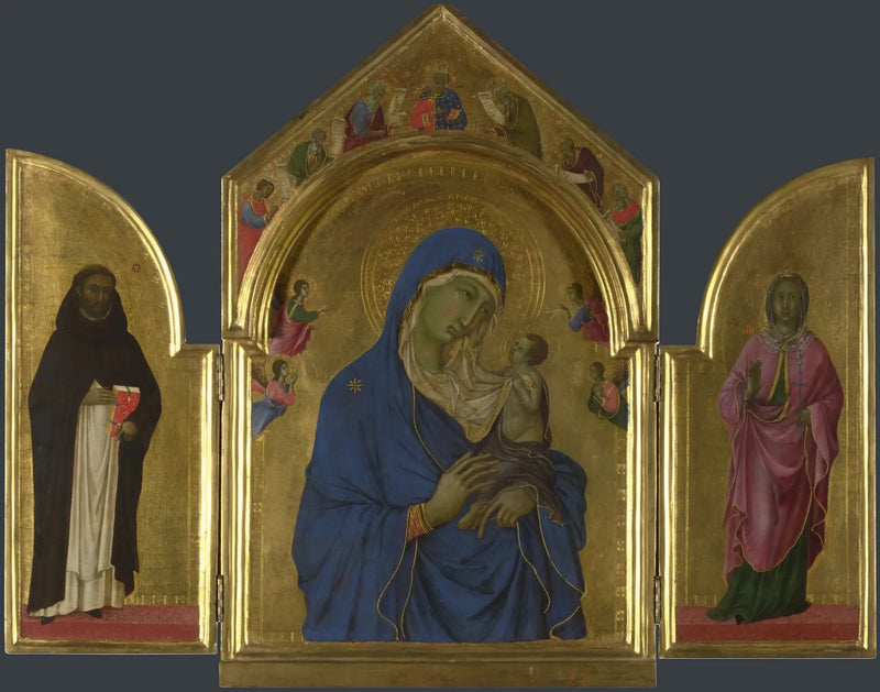 Neitsyt ja lapsi pyhimysten Dominiken ja Auréan kanssa - Duccio di Buoninsegna