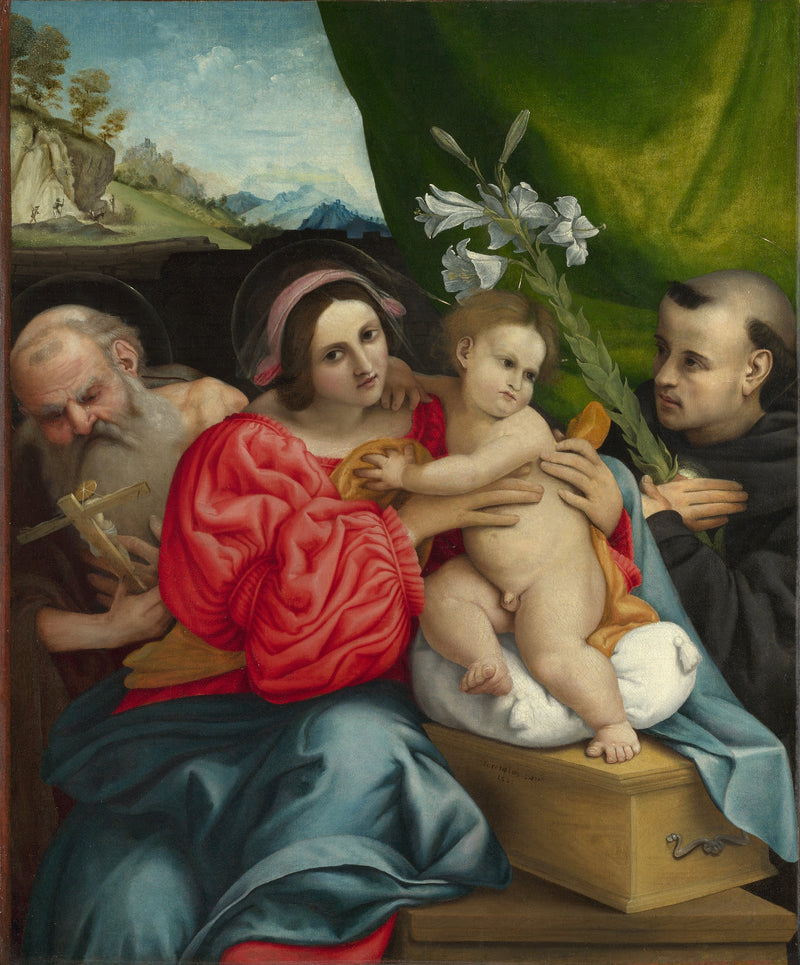 Neitsyt ja lapsi pyhimyksillä Jeremiaksi ja Tolentinoksi Lorenzo Lotto