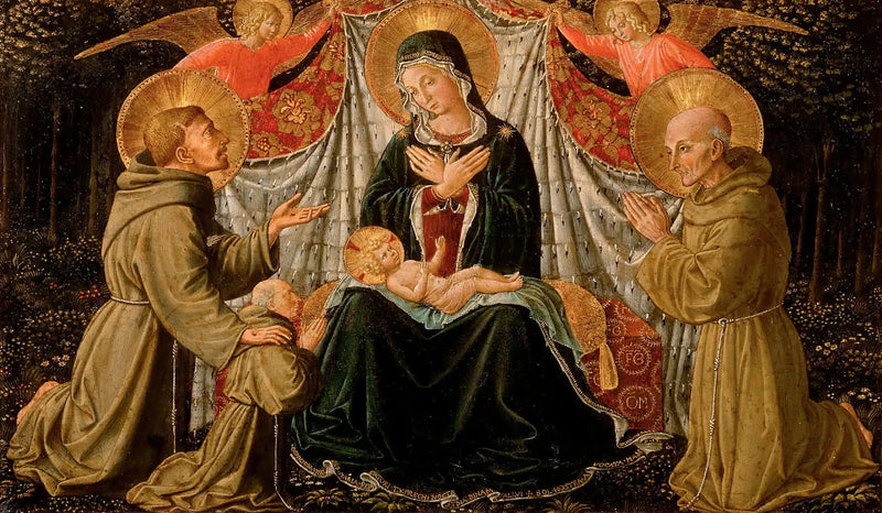 Neitsyt ja lapsi pyhimyksenä Fransiska ja lahjoittaja isä Jacopo da Montefalco (vasemmalla) ja pyhimys Bernard Sienestä (oikealla) - Benozzo Gozzoli