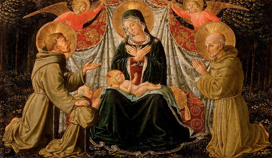 Neitsyt ja lapsi pyhimyksenä Fransiska ja lahjoittaja isä Jacopo da Montefalco (vasemmalla) ja pyhimys Bernard Sienestä (oikealla) - Benozzo Gozzoli