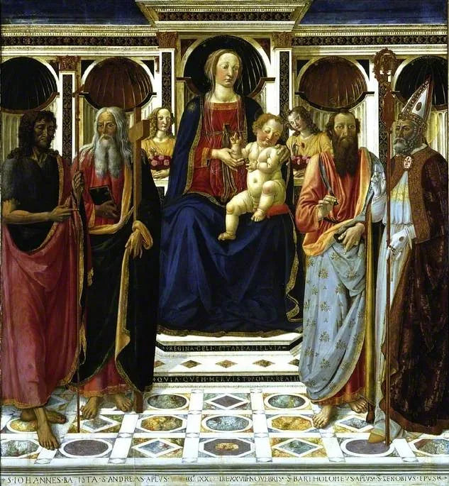 Neitsyt ja lapsi pyhimyksineen, pyhimyksineen Johannes Kastaja, Andreaks Barthélemy ja Zénobe - Cosimo Rosselli