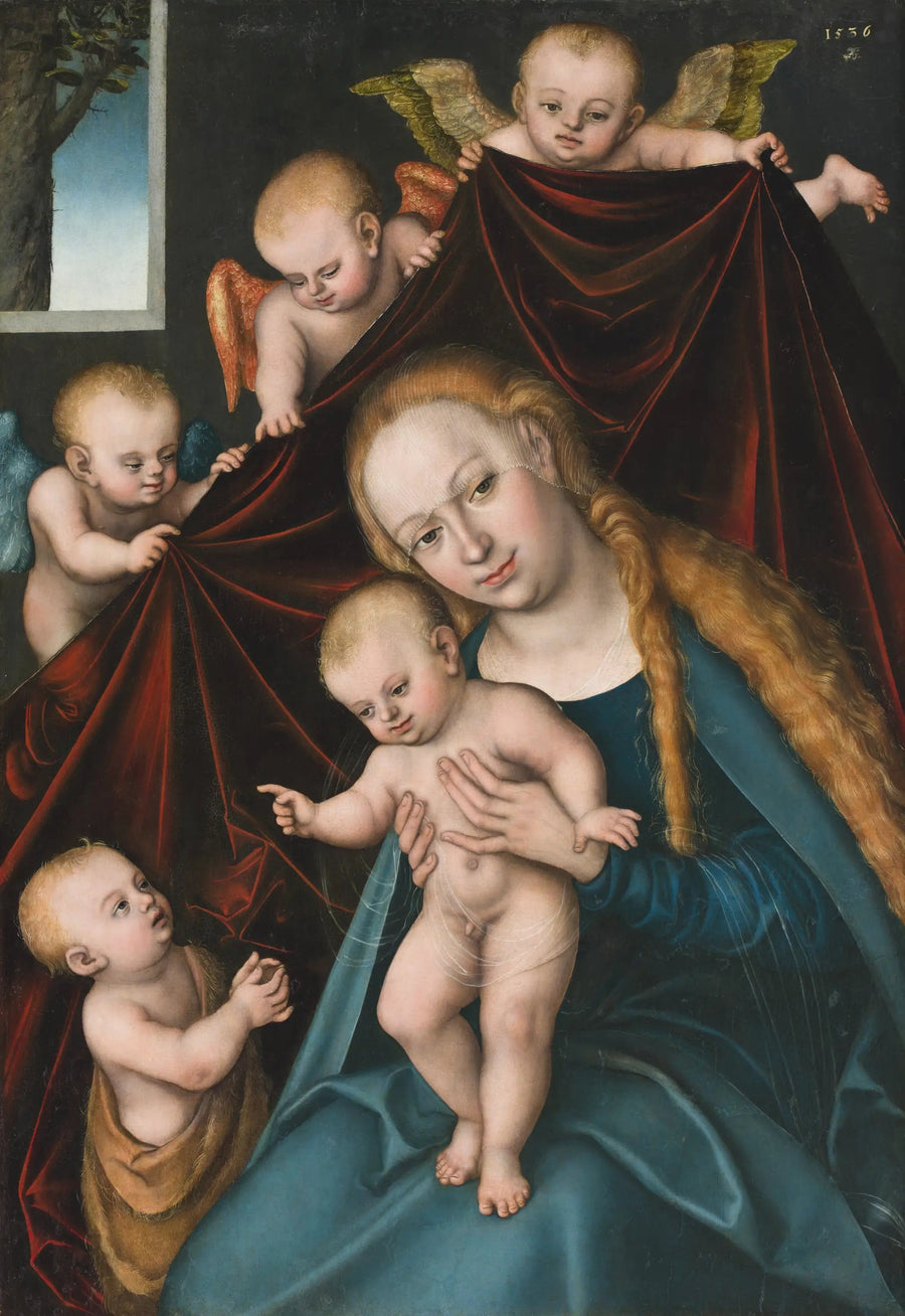 Neitsyt ja lapsi Pyhän Johannes Kastajan kanssa ja enkeleitä - Lucas Cranach vanhempi