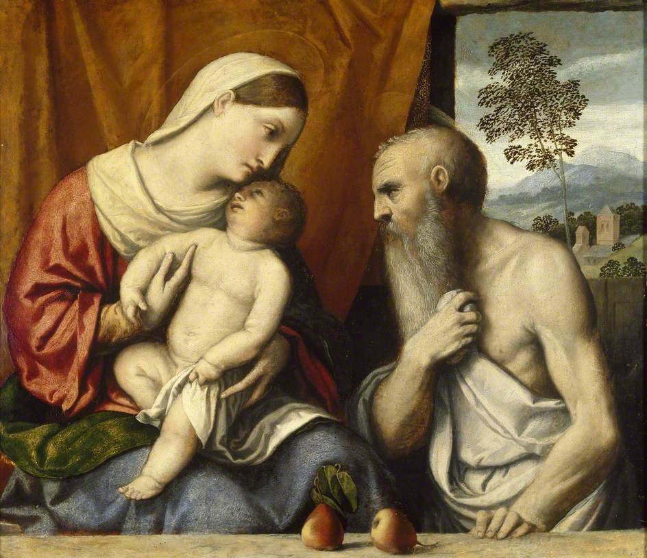 La Vierge à l'Enfant avec saint Jérôme - Alessandro Bonvicino image 1 copie peinte à la main à l’huile