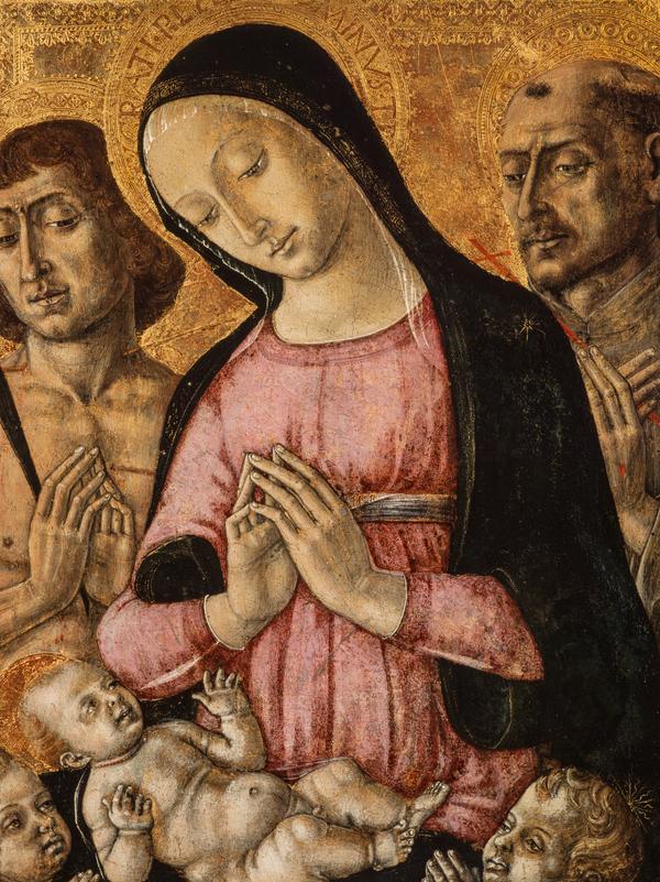 Neitsyt ja lapsi pyhimys Sebastianuksen, pyhimys Franciscuksen ja enkeleiden kanssa - Matteo di Giovanni